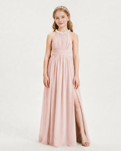 Blush Pink Junior Bridesmaid Dress Pearl Trim Halter Slit Chiffon Floor-Length Gown Front View