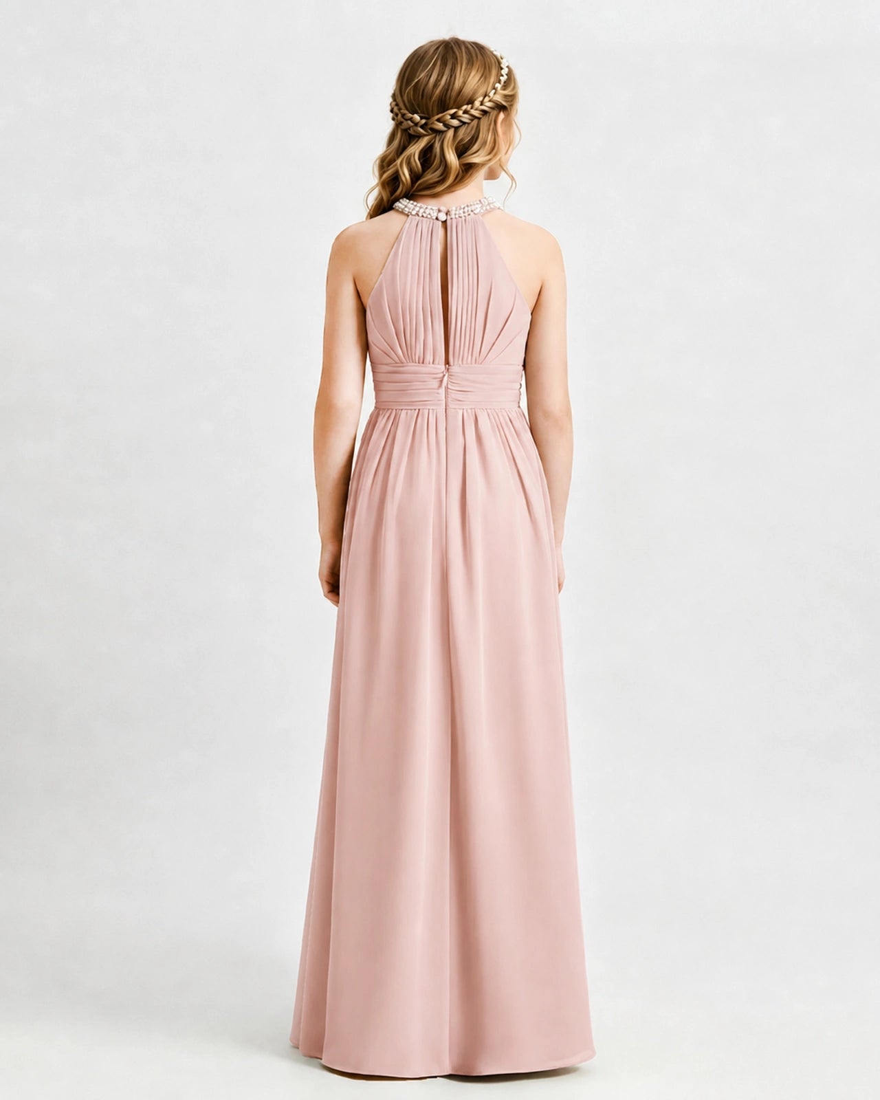 Blush Pink Junior Bridesmaid Dress Pearl Trim Halter Slit Chiffon Floor-Length Gown Back View
