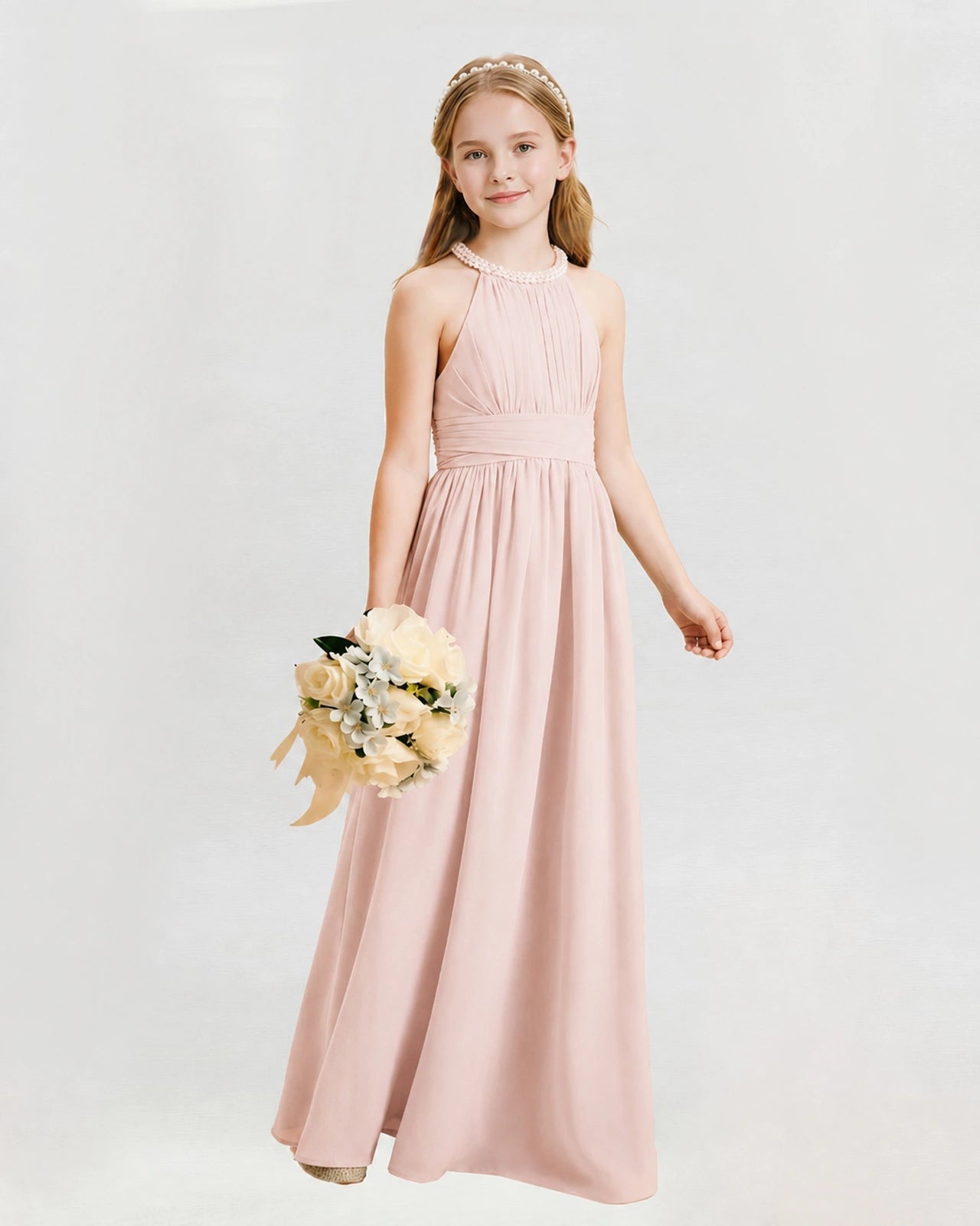 Blush Pink Junior Bridesmaid Dress Pearl Trim Halter Slit Chiffon Floor-Length Gown Front View