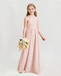 Blush Pink Junior Bridesmaid Dress Pearl Trim Halter Slit Chiffon Floor-Length Gown Front View