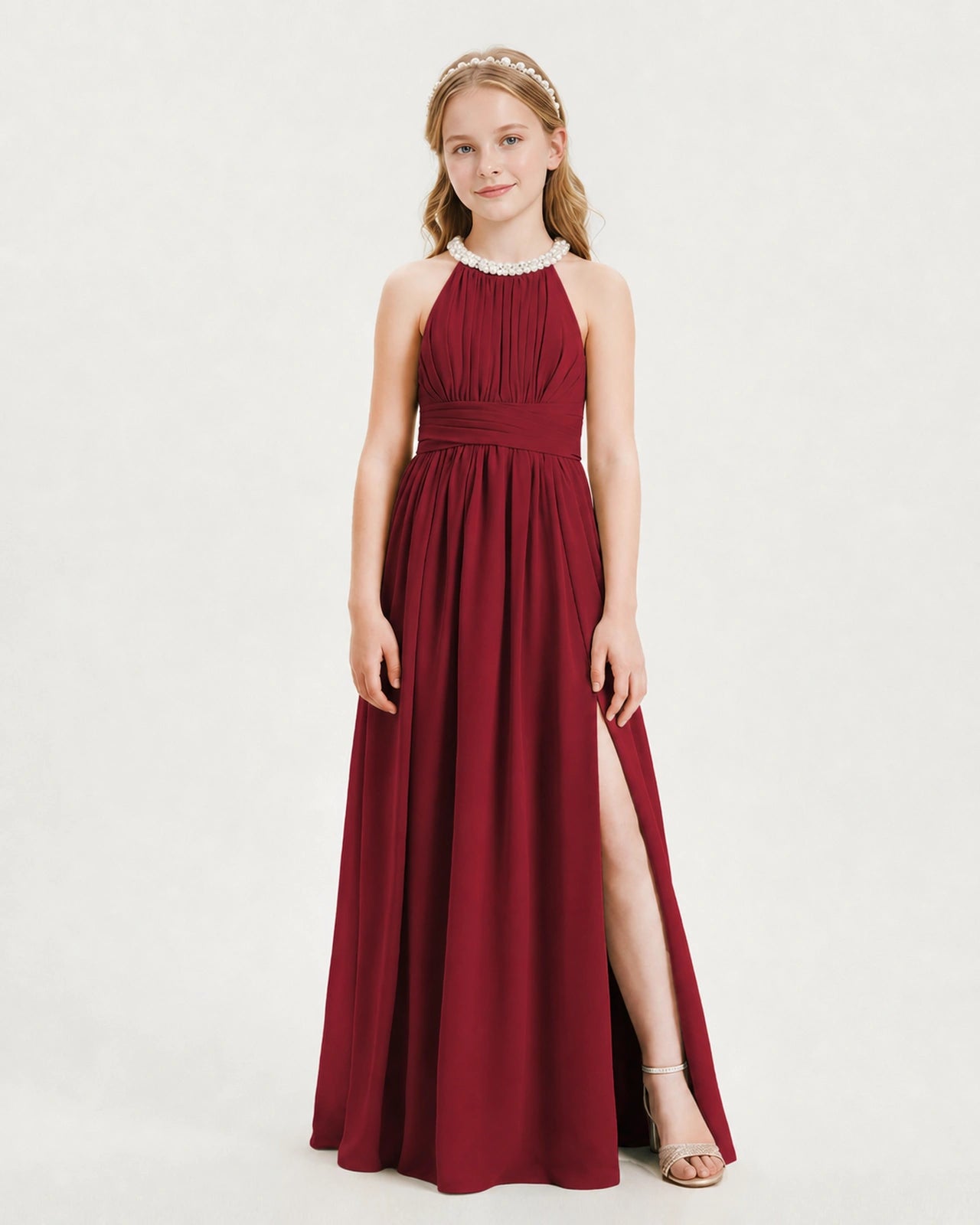 Burgundy Junior Bridesmaid Dress Pearl Trim Halter Slit Chiffon Floor-Length Gown Front View