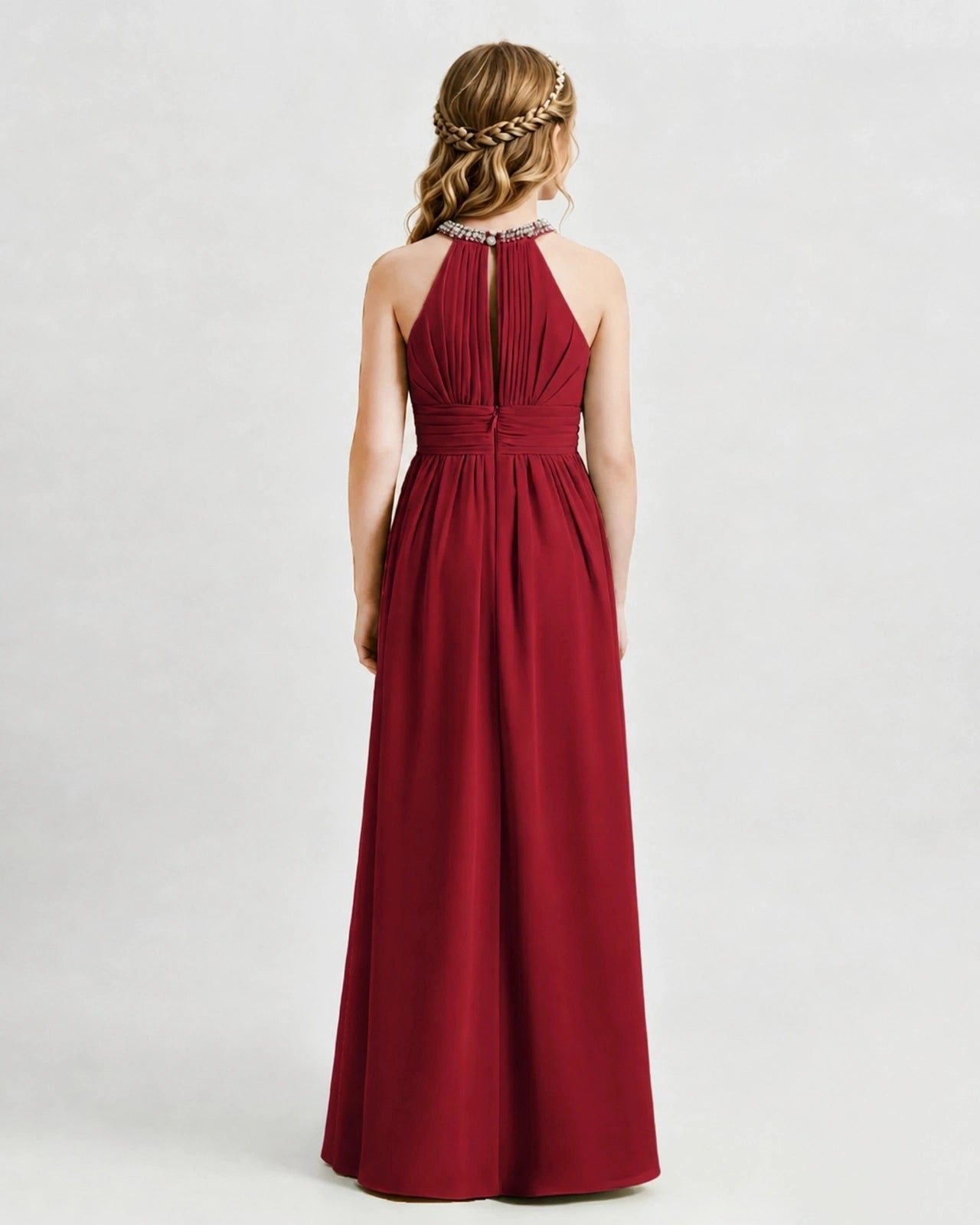 Burgundy Junior Bridesmaid Dress Pearl Trim Halter Slit Chiffon Floor-Length Gown Back View