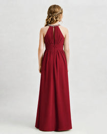 Burgundy Junior Bridesmaid Dress Pearl Trim Halter Slit Chiffon Floor-Length Gown Back View
