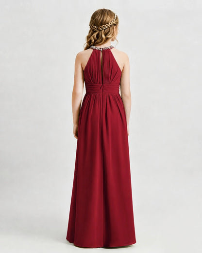 Burgundy Junior Bridesmaid Dress Pearl Trim Halter Slit Chiffon Floor-Length Gown Back View