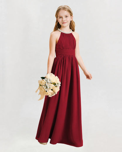 Burgundy Junior Bridesmaid Dress Pearl Trim Halter Slit Chiffon Floor-Length Gown Front View