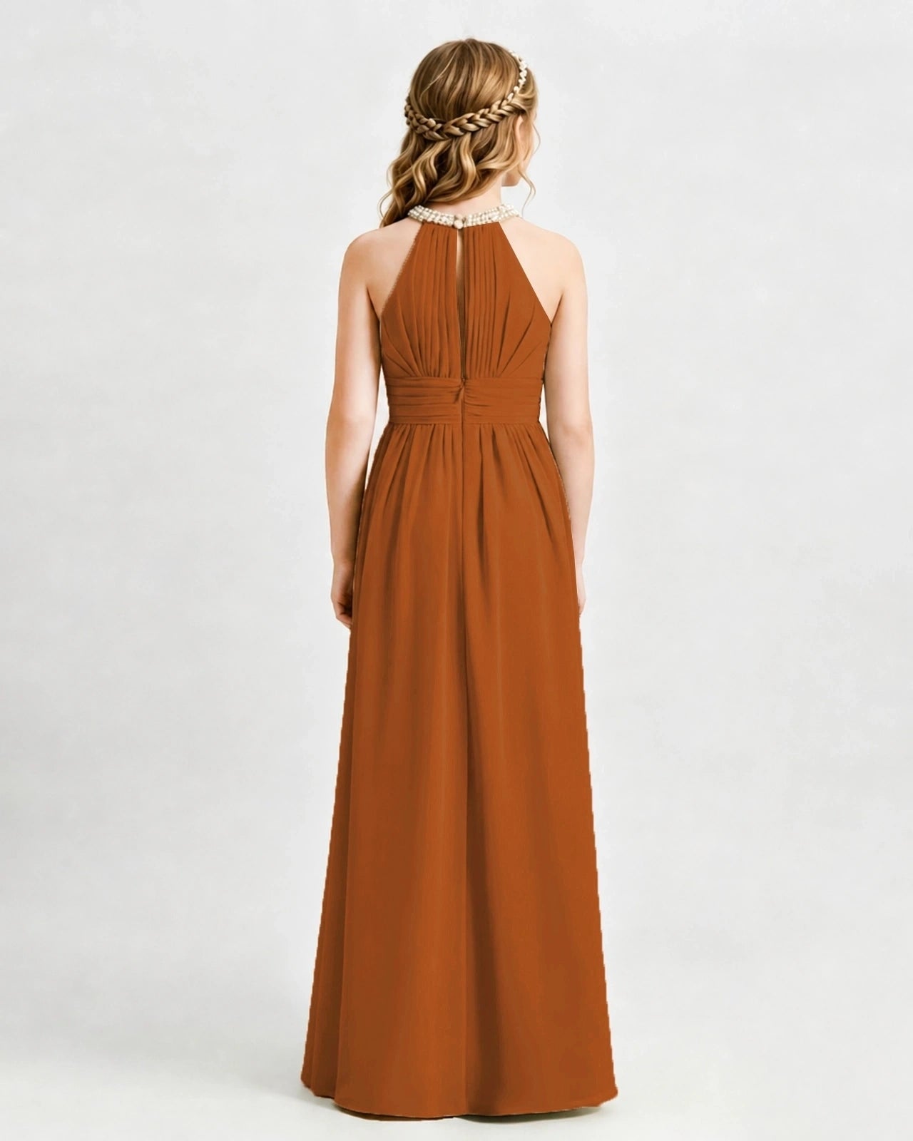 Burnt Orange Junior Bridesmaid Dress Pearl Trim Halter Slit Chiffon Floor-Length Gown Back View