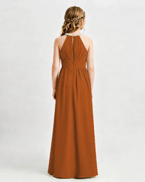 Burnt Orange Junior Bridesmaid Dress Pearl Trim Halter Slit Chiffon Floor-Length Gown Back View