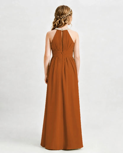 Burnt Orange Junior Bridesmaid Dress Pearl Trim Halter Slit Chiffon Floor-Length Gown Back View