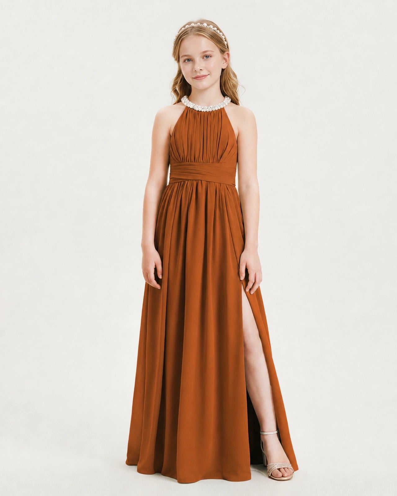 Burnt Orange Junior Bridesmaid Dress Pearl Trim Halter Slit Chiffon Floor-Length Gown Front View