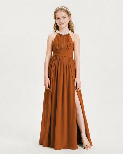 Burnt Orange Junior Bridesmaid Dress Pearl Trim Halter Slit Chiffon Floor-Length Gown Front View