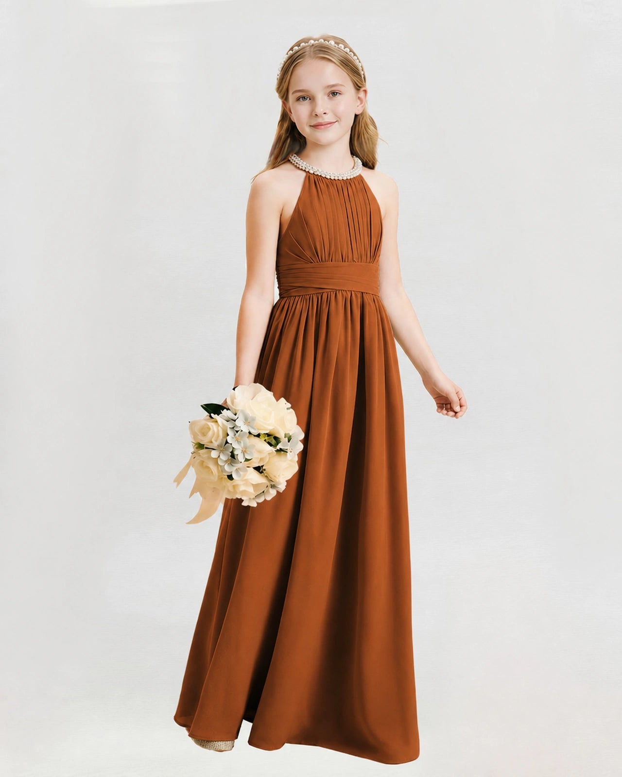 Burnt Orange Junior Bridesmaid Dress Pearl Trim Halter Slit Chiffon Floor-Length Gown Front View