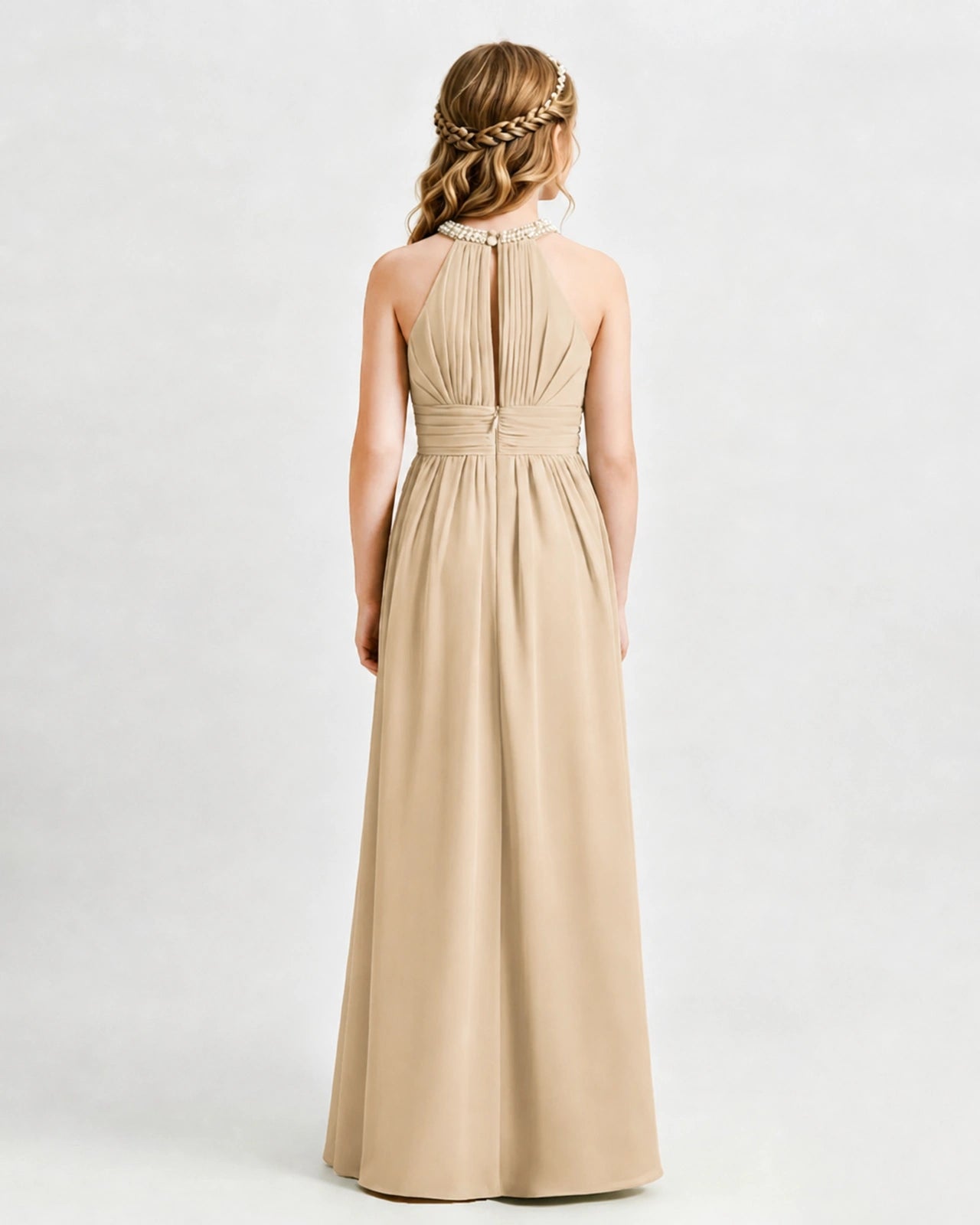 Champagne Junior Bridesmaid Dress Pearl Trim Halter Slit Chiffon Floor-Length Gown Back View
