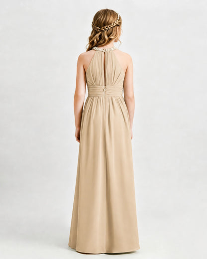 Champagne Junior Bridesmaid Dress Pearl Trim Halter Slit Chiffon Floor-Length Gown Back View