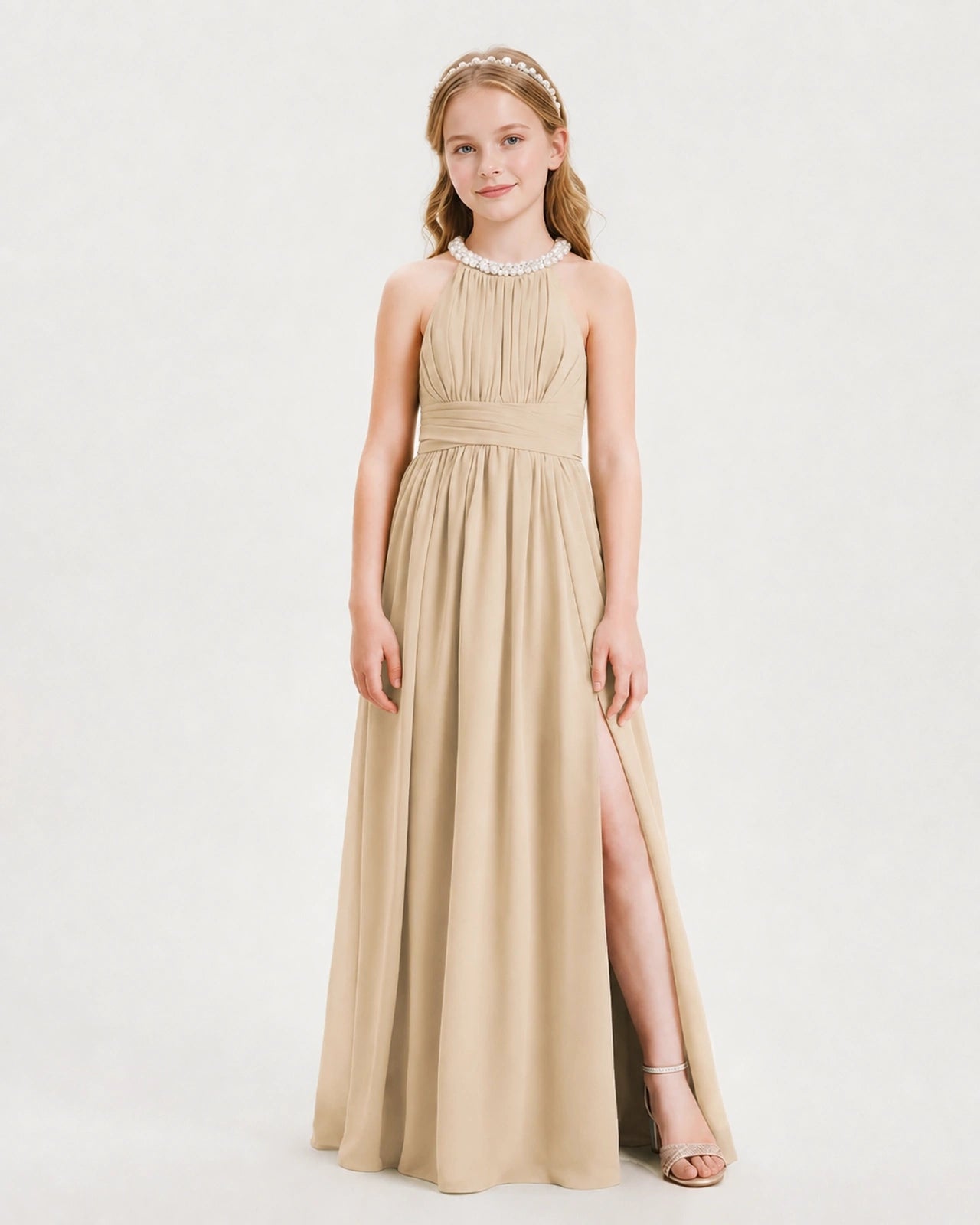 Champagne Junior Bridesmaid Dress Pearl Trim Halter Slit Chiffon Floor-Length Gown Front View