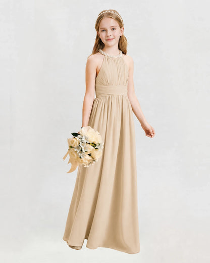 Champagne Junior Bridesmaid Dress Pearl Trim Halter Slit Chiffon Floor-Length Gown Front View