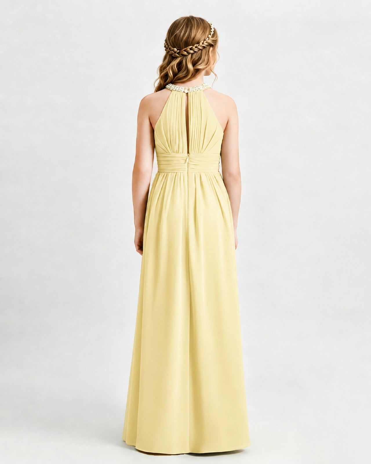Daffodil Junior Bridesmaid Dress Pearl Trim Halter Slit Chiffon Floor-Length Gown Back View