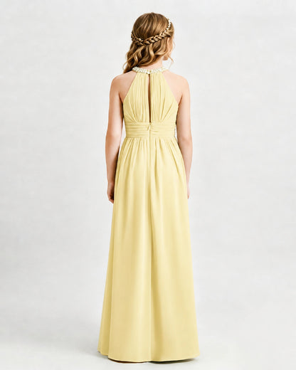 Daffodil Junior Bridesmaid Dress Pearl Trim Halter Slit Chiffon Floor-Length Gown Back View