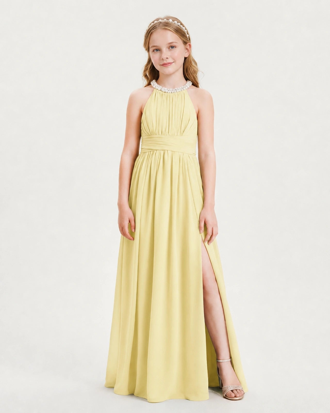 Daffodil Junior Bridesmaid Dress Pearl Trim Halter Slit Chiffon Floor-Length Gown Front View