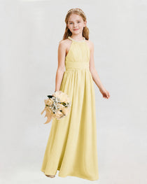 Daffodil Junior Bridesmaid Dress Pearl Trim Halter Slit Chiffon Floor-Length Gown Front View