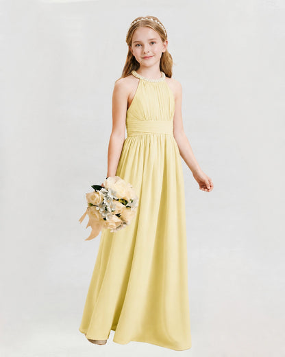 Daffodil Junior Bridesmaid Dress Pearl Trim Halter Slit Chiffon Floor-Length Gown Front View
