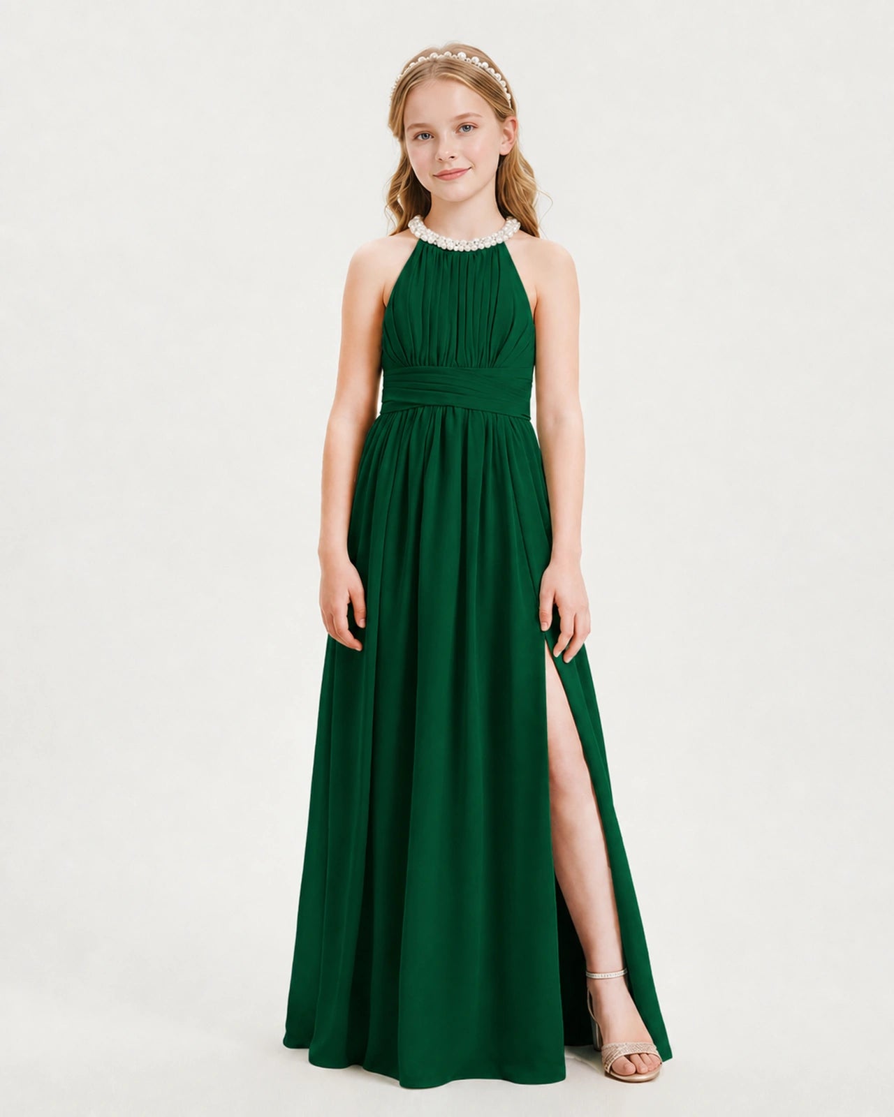 Dark Green Junior Bridesmaid Dress Pearl Trim Halter Slit Chiffon Floor-Length Gown Front View