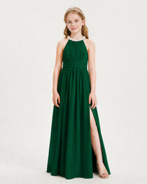 Dark Green Junior Bridesmaid Dress Pearl Trim Halter Slit Chiffon Floor-Length Gown Front View