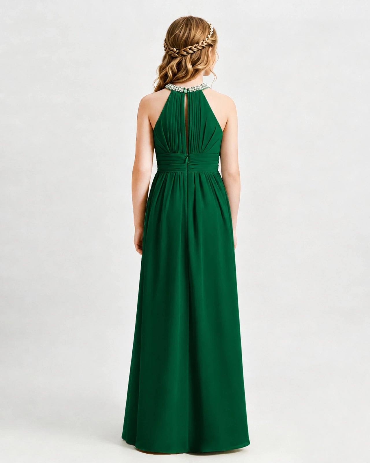 Dark Green Junior Bridesmaid Dress Pearl Trim Halter Slit Chiffon Floor-Length Gown Back View