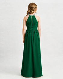 Dark Green Junior Bridesmaid Dress Pearl Trim Halter Slit Chiffon Floor-Length Gown Back View