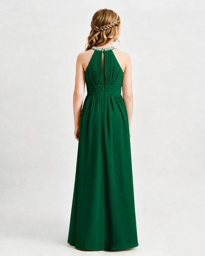 Dark Green Junior Bridesmaid Dress Pearl Trim Halter Slit Chiffon Floor-Length Gown Back View
