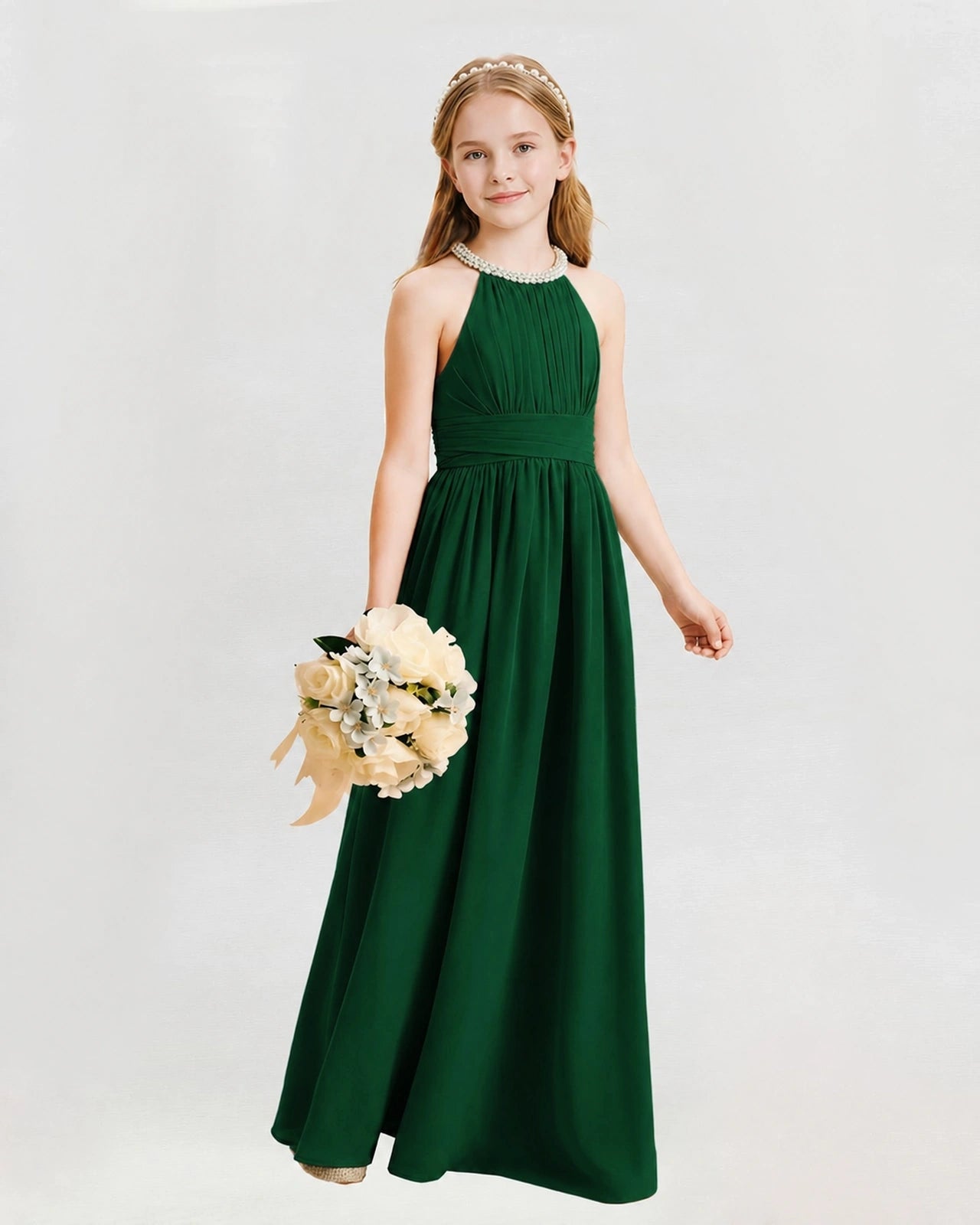 Dark Green Junior Bridesmaid Dress Pearl Trim Halter Slit Chiffon Floor-Length Gown Front View