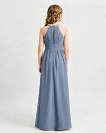 Dusty Blue Junior Bridesmaid Dress Pearl Trim Halter Slit Chiffon Floor-Length Gown Back View