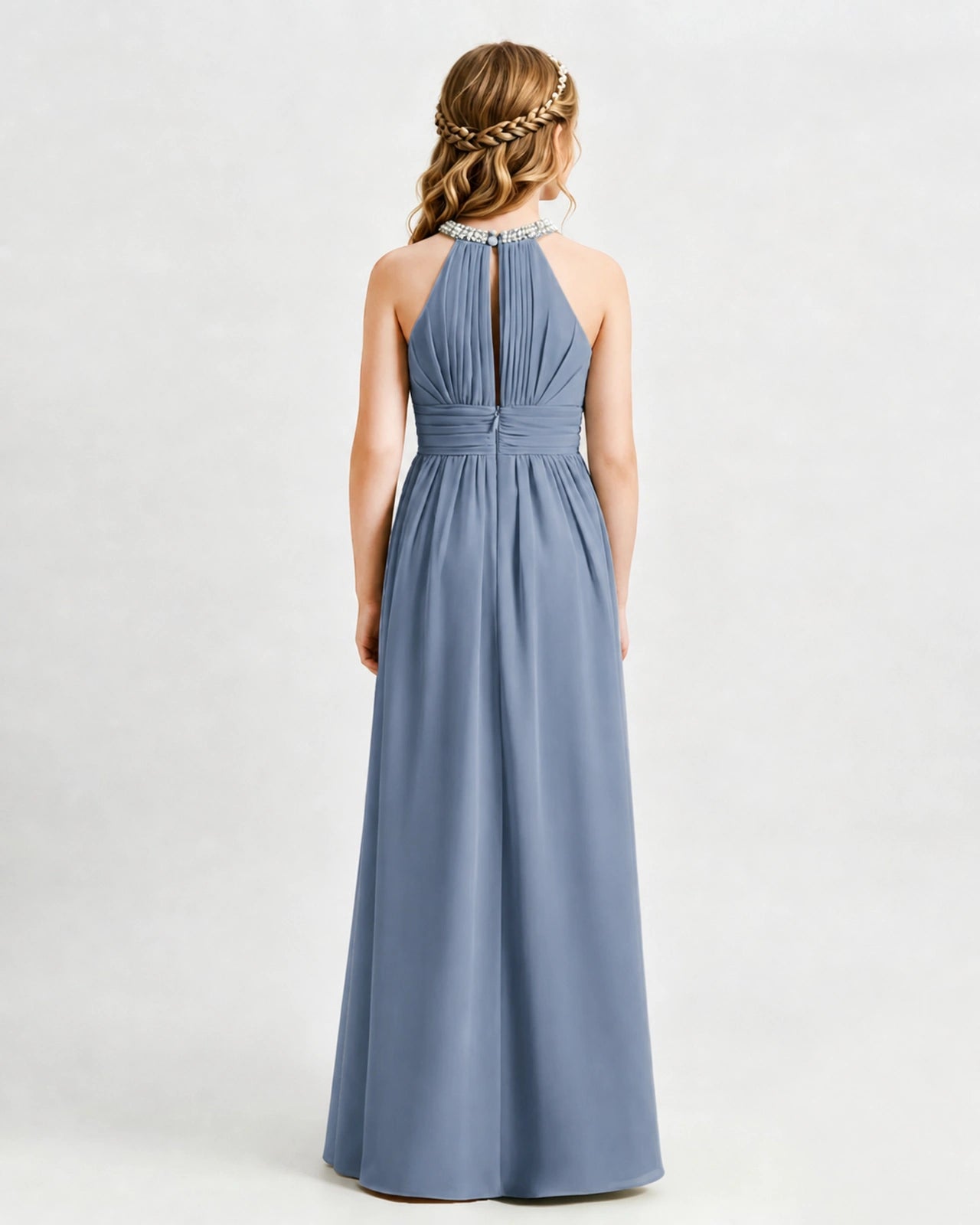 Dusty Blue Junior Bridesmaid Dress Pearl Trim Halter Slit Chiffon Floor-Length Gown Back View