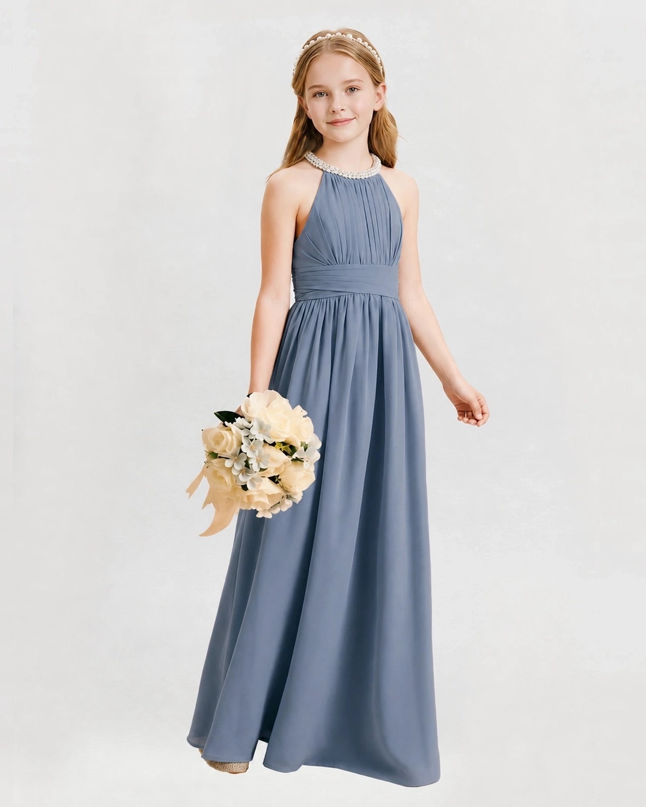 Dusty Blue Junior Bridesmaid Dress Pearl Trim Halter Slit Chiffon Floor-Length Gown Front View