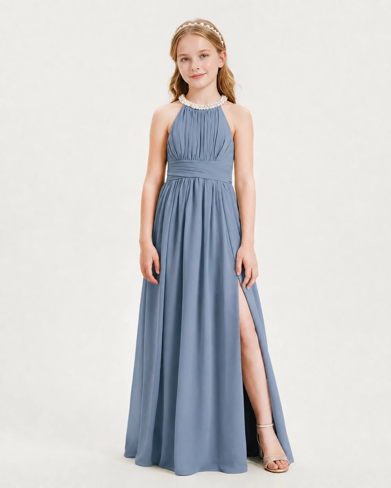 Dusty Blue Junior Bridesmaid Dress Pearl Trim Halter Slit Chiffon Floor-Length Gown Front View