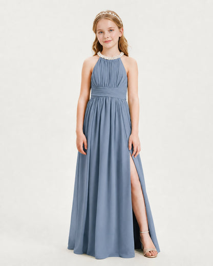 Dusty Blue Junior Bridesmaid Dress Pearl Trim Halter Slit Chiffon Floor-Length Gown Front View