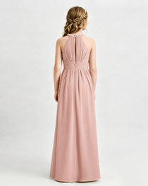 Dusty Rose Junior Bridesmaid Dress Pearl Trim Halter Slit Chiffon Floor-Length Gown Back View