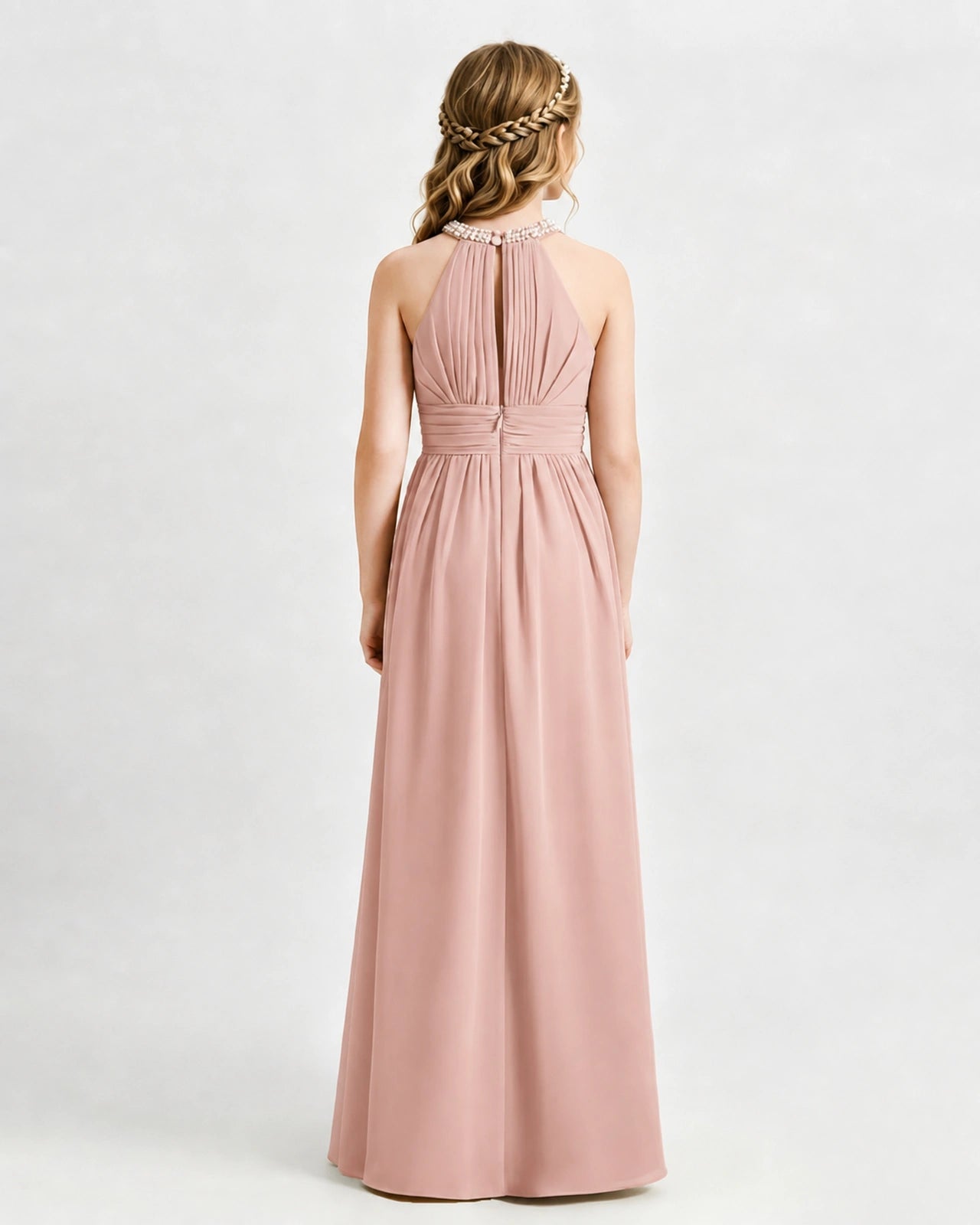 Dusty Rose Junior Bridesmaid Dress Pearl Trim Halter Slit Chiffon Floor-Length Gown Back View