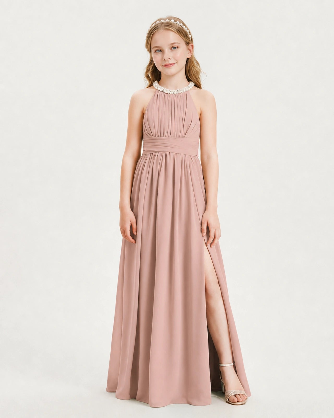 Dusty Rose Junior Bridesmaid Dress Pearl Trim Halter Slit Chiffon Floor-Length Gown Front View