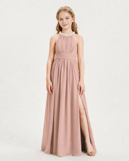 Dusty Rose Junior Bridesmaid Dress Pearl Trim Halter Slit Chiffon Floor-Length Gown Front View