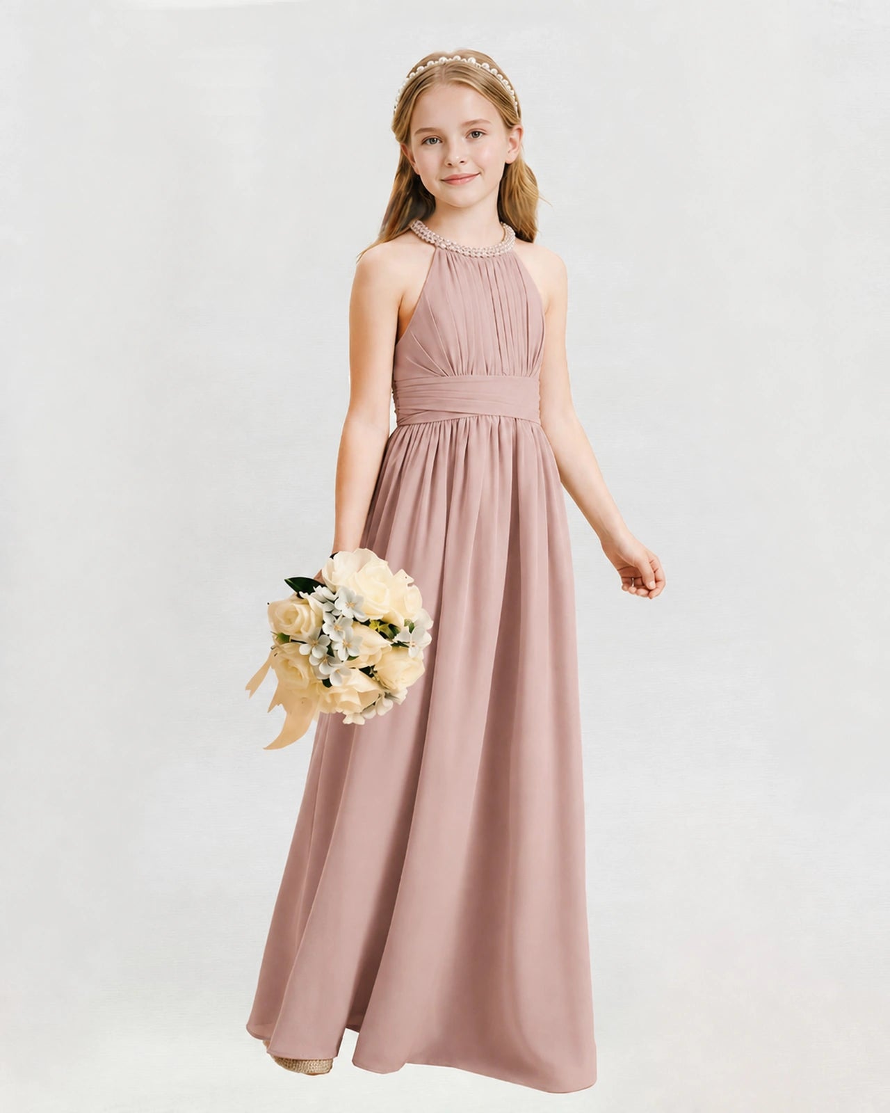 Dusty Rose Junior Bridesmaid Dress Pearl Trim Halter Slit Chiffon Floor-Length Gown Front View