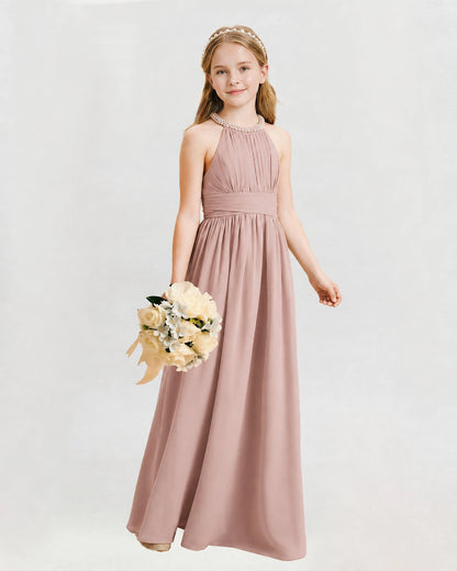 Dusty Rose Junior Bridesmaid Dress Pearl Trim Halter Slit Chiffon Floor-Length Gown Front View