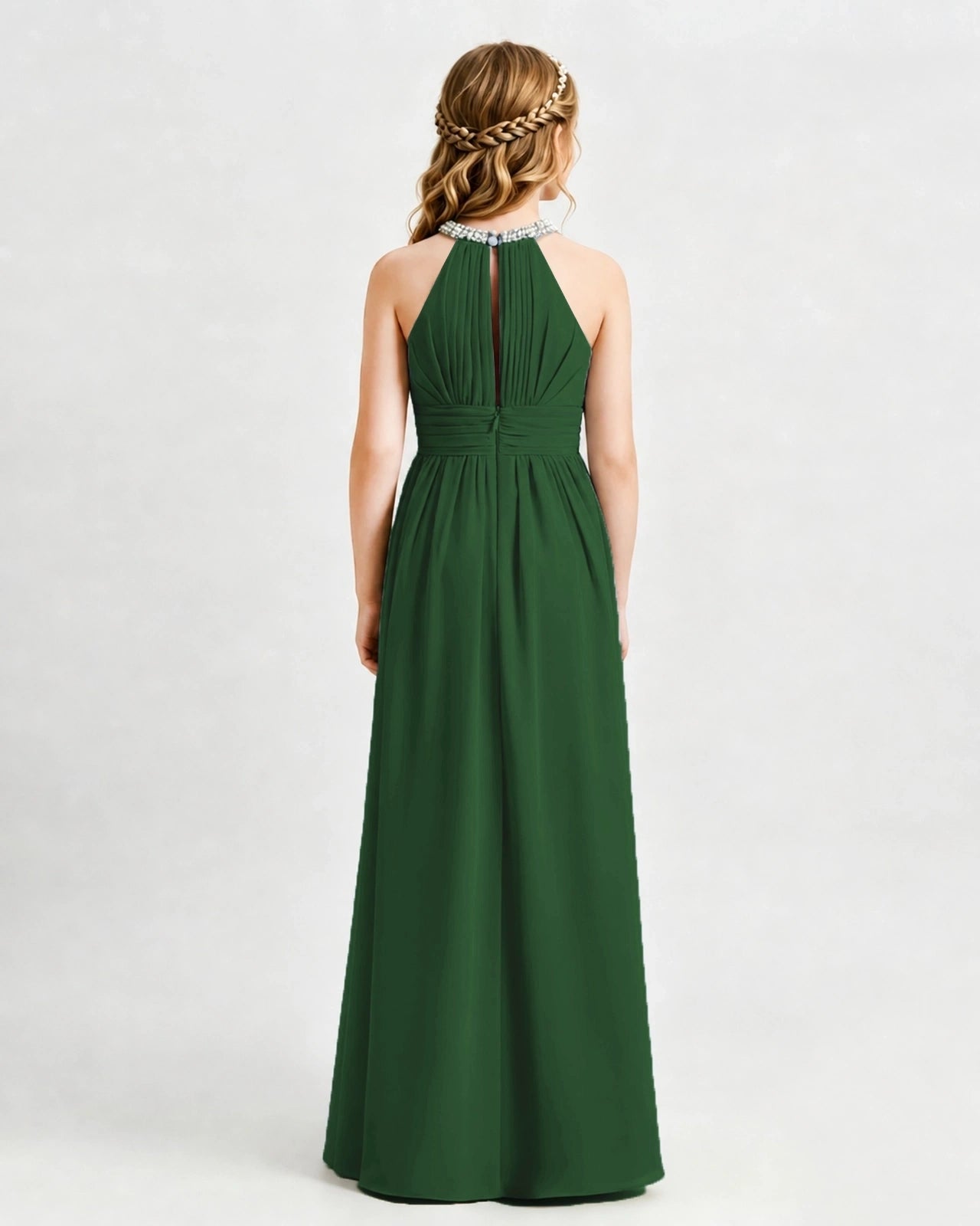Emerald Green Junior Bridesmaid Dress Pearl Trim Halter Slit Chiffon Floor-Length Gown Back View
