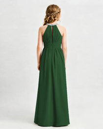 Emerald Green Junior Bridesmaid Dress Pearl Trim Halter Slit Chiffon Floor-Length Gown Back View