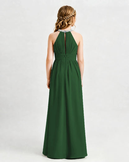 Emerald Green Junior Bridesmaid Dress Pearl Trim Halter Slit Chiffon Floor-Length Gown Back View