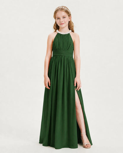 Emerald Green Junior Bridesmaid Dress Pearl Trim Halter Slit Chiffon Floor-Length Gown Front View