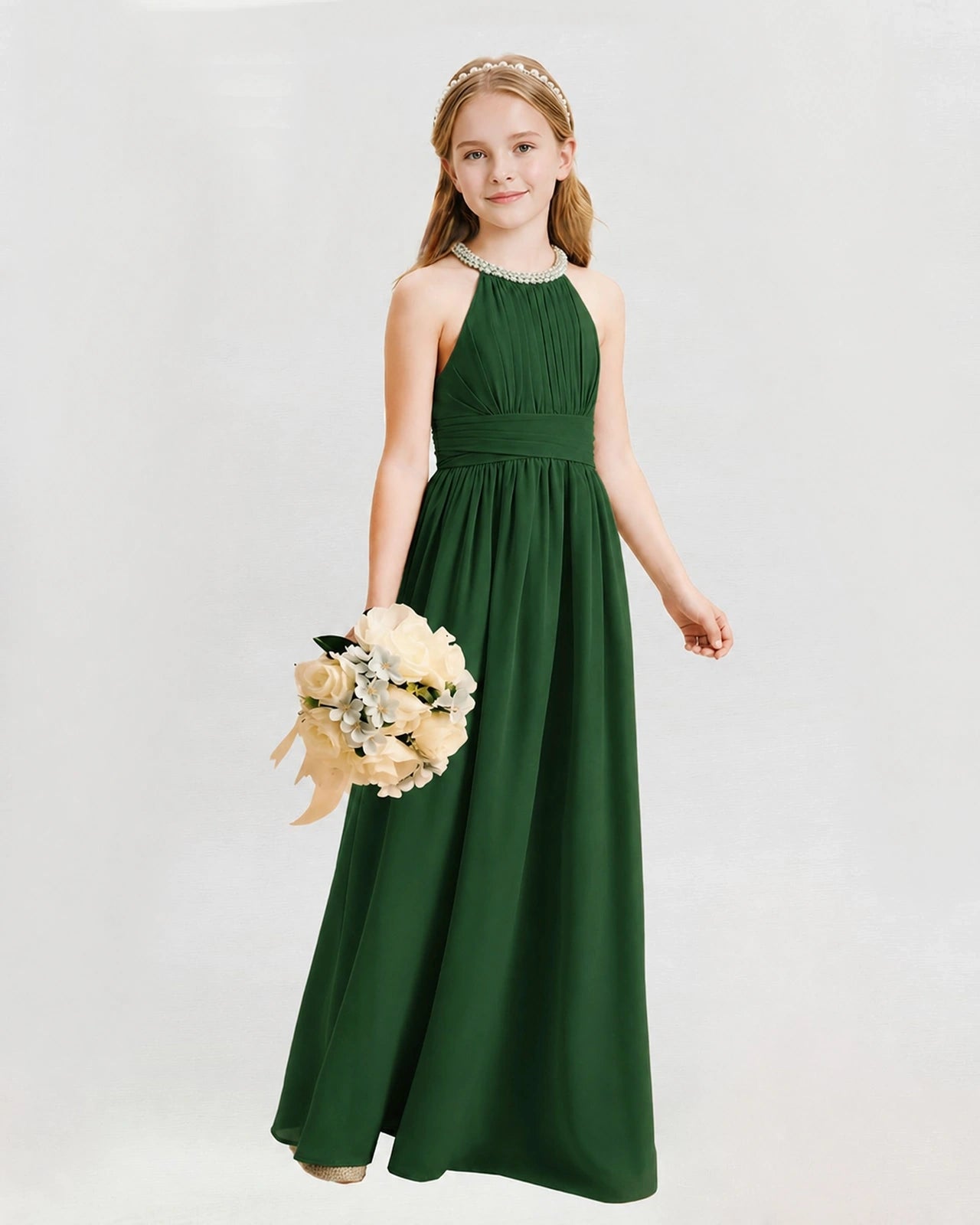 Emerald Green Junior Bridesmaid Dress Pearl Trim Halter Slit Chiffon Floor-Length Gown Front View