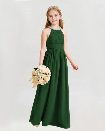 Emerald Green Junior Bridesmaid Dress Pearl Trim Halter Slit Chiffon Floor-Length Gown Front View