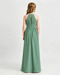 Eucalyptus Junior Bridesmaid Dress Pearl Trim Halter Slit Chiffon Floor-Length Gown Back View