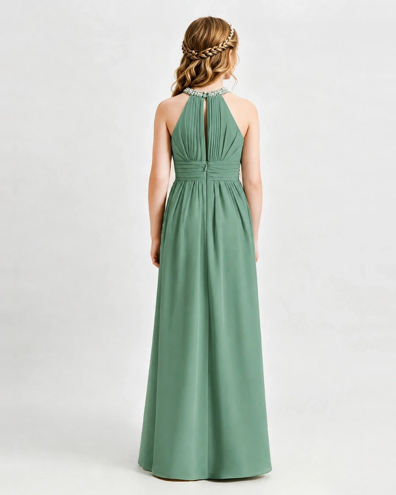 Eucalyptus Junior Bridesmaid Dress Pearl Trim Halter Slit Chiffon Floor-Length Gown Back View
