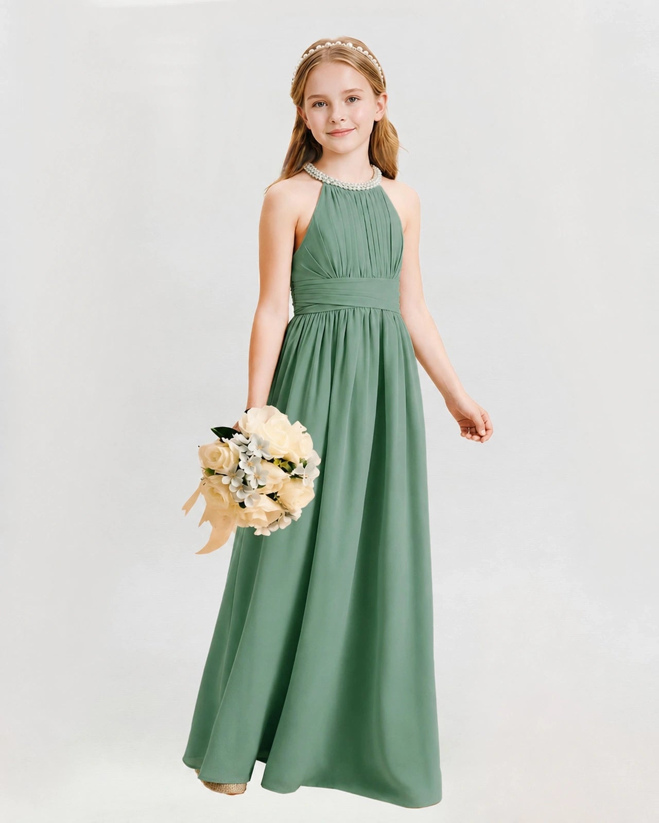 Eucalyptus Junior Bridesmaid Dress Pearl Trim Halter Slit Chiffon Floor-Length Gown Front View Hauptbild